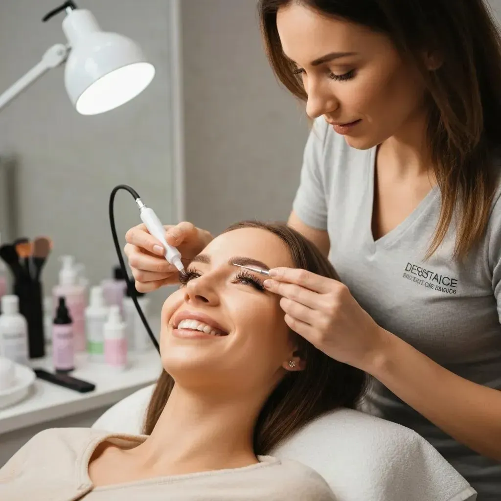Client receiving a lash lift at NY Brows & Beauty — technician shaping natural eyelashes in a bright salon